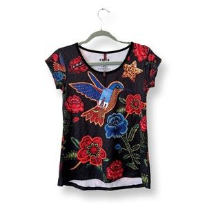 Ay Guey NWT Women’s Flower & Hummingbird Motif Mexican Boho Fitted Shirt - Small